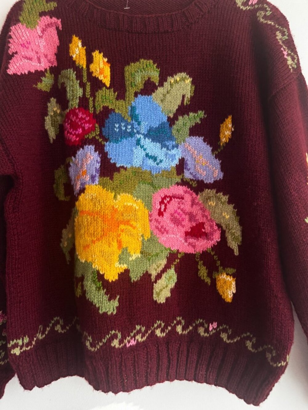 Vintage Colourful Floral Wool Blend Pullover Sweater L - Picture 4 of 4